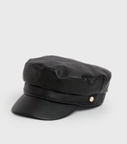 New Look Black Leather-Look Baker Boy Hat